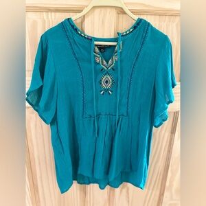 Zac & Rachel Petite Embroidered Turquoise Blouse Size PXL